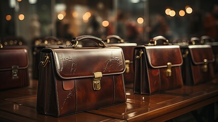 Showcase of Classic Leather Brown Briefcases in Haberdashery Store - obrazy, fototapety, plakaty