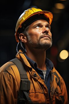 Worker in Orange Overalls and Helmet on Black Background