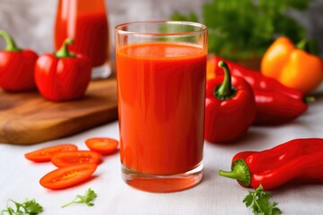 close-up of red pepper juice with sliced peppers on the side