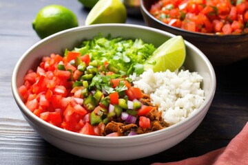 veggie burrito bowl with pico de gallo and chili sauce