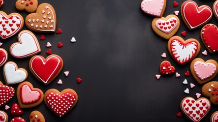 Happy Valentine's Day, Valentine Love Wedding birthday greeting card background - Closeup of gingerbread heart cookies with icing on black concrete table texture, flat lay, top view - obrazy, fototapety, plakaty