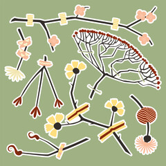 Flower stickers for scrapbooking with adhesive tape, illustration, isolated