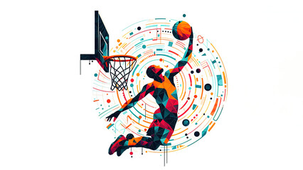 Illustration of a basketball player dunking on the loop, colourful abstract art - obrazy, fototapety, plakaty