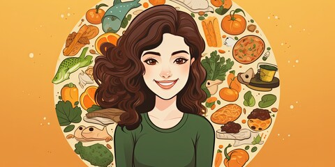 Smiling beautiful girl on the background of healthy and healthy food.Generated by AI.