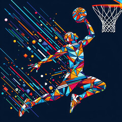 Illustration of a basketball player dunking on the loop, colourful abstract art - obrazy, fototapety, plakaty