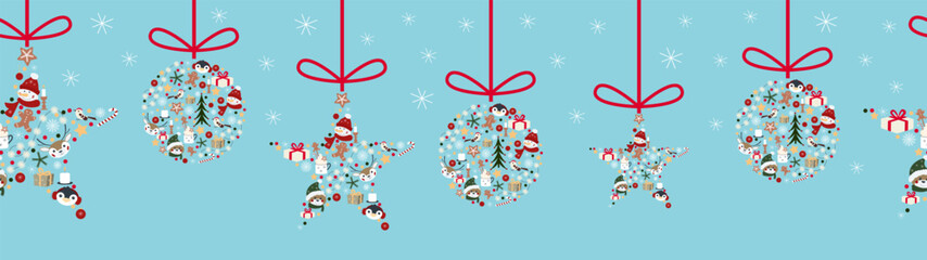 Vector winter, Christmas season seamless long background or banner with new year decorations.