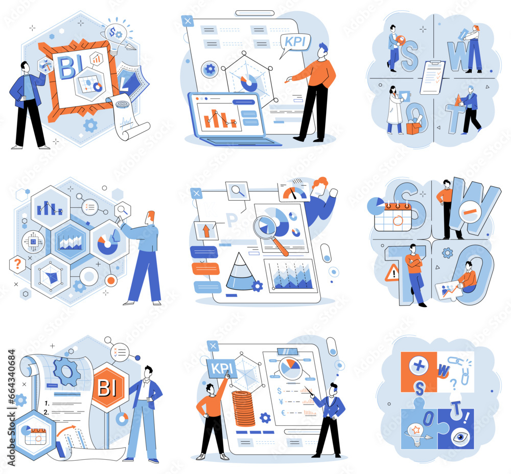 Aufkleber business intelligence. vector illustration solutions address specific business challenges and needs 