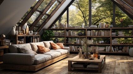 A rustic sofa stands against a shelving unit with books, representing Scandinavian home interior design in the modern living room in an attic with skylights