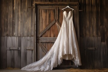 gown hanging against a rustic wooden barn wall