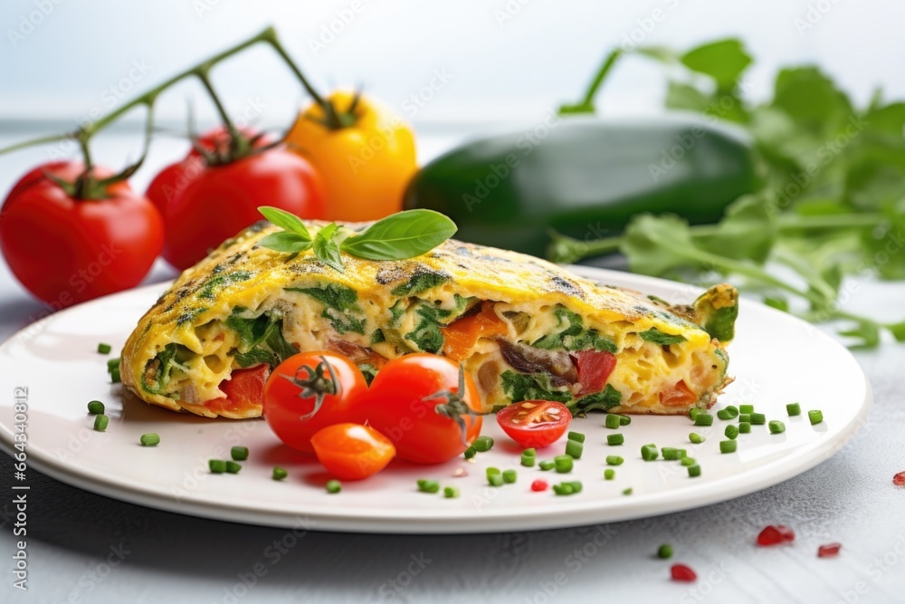 Poster colourful veggie omelette with cherry tomatoes on top