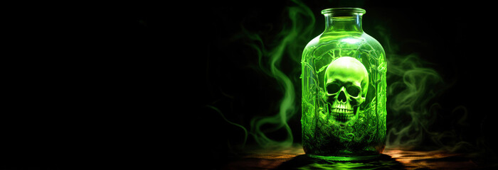 Bottle of poison with skull, green smoke on dark background. 
