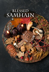 Blessed Samhain greeting card. witch wiccan altar on abstract dark background. spiritual esoteric...
