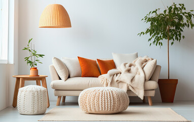 Mockup living room, Knitted pouf near white fabric sofa with blanket and terra cotta pillows. Scandinavian, hygge style home interior design of modern living room