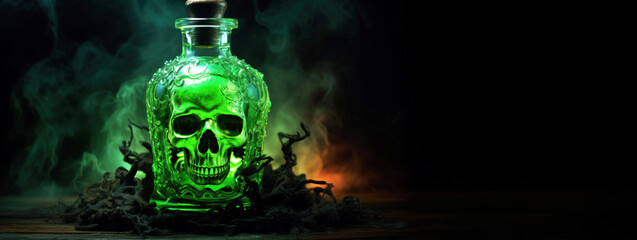 Bottle of poison with skull, green smoke on dark background.  - obrazy, fototapety, plakaty