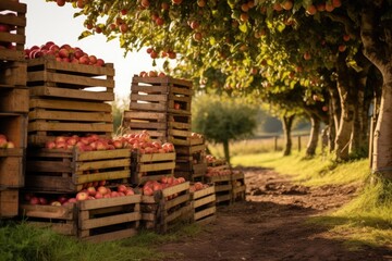apple crates stacked neatly next to an orchard