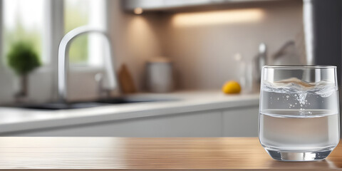 Wooden tabletop counter with A glass of pure water. in front of bright out of focus kitchen. copy space.
