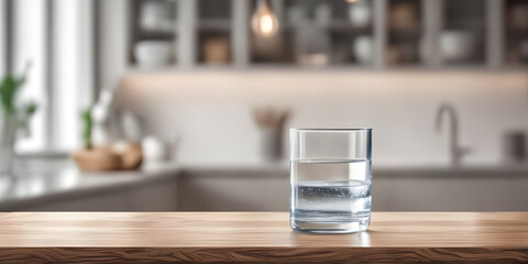 Wooden tabletop counter with A glass of pure water. in front of bright out of focus kitchen. copy space. - obrazy, fototapety, plakaty