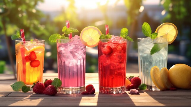 A Collection Of Vibrant Summer Beverages. Cocktails With Ice, Mojitos, Lemonades, Berries, And Strawberry Lemonades