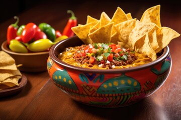 nachos in a colorful bowl with hot chili dip