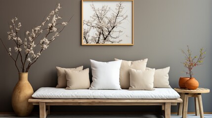 A rustic wooden bench with white and beige pillows, a potted plant, is placed against a window near a grey wall with an empty mock-up poster frame in the Scandinavian home interior design