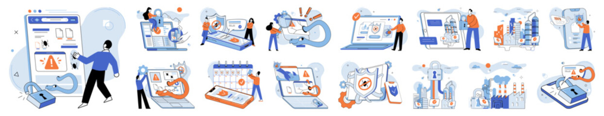 Industrial cyber security. Vector illustration. The industrial sector faces constant cyber threats require vigilant security measures Protection sensitive information is critical for safety businesses