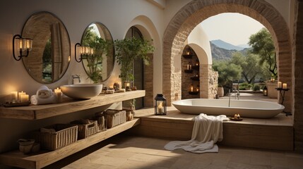 A spacious bathroom with rustic elements and arched windows characterizes the Mediterranean interior design of a modern bathroom