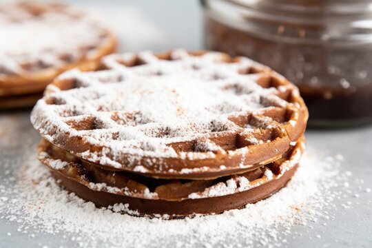 waffles with a dusting of cocoa powder on a white bezel
