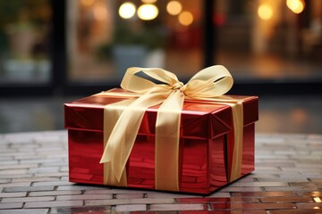 a ribbon-wrapped gift box left on the doorstep