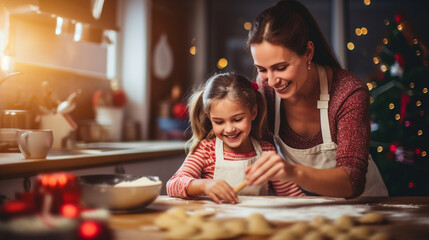 Caring mother and small daughter cooking Christmas cookies together in kitchen, mom teaches cute kid girl, preparing surprise for family. Communication concept. Merry Christmas. Generative AI. - obrazy, fototapety, plakaty