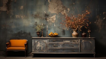 A vintage classic dresser from ancient times finds its place near a dilapidated wall, creating a retro grunge ambiance in the aged living room's interior design - obrazy, fototapety, plakaty