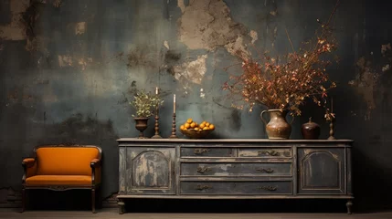  A vintage classic dresser from ancient times finds its place near a dilapidated wall, creating a retro grunge ambiance in the aged living room's interior design © Newton