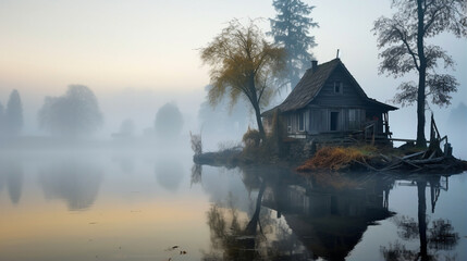 Fototapeta na wymiar Rustic Wooden House & Calm Waters Amid Mist - A Tranquil Scene Showcasing Nature's Silent Beauty.