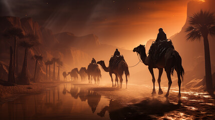 Dubai desert camel safari Arab culture, traditions and tourism landscape Arabs traveling on sand dunes in the background