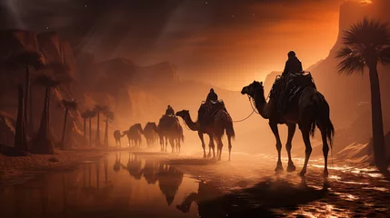 Fototapeten Dubai desert camel safari Arab culture, traditions and tourism landscape Arabs traveling on sand dunes in the background © Morng