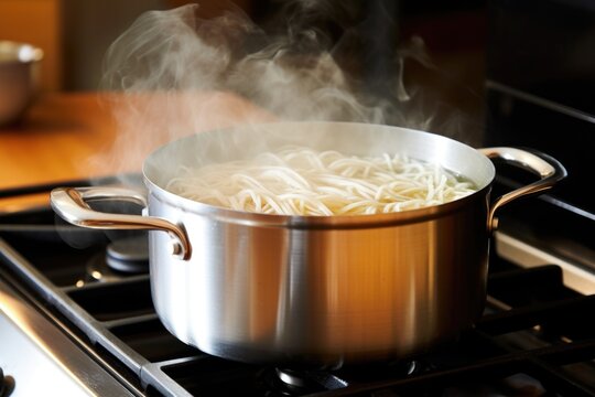 a pot filled with boiling water and fettuccine pasta