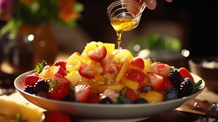 adding honey to a dish of delectable fruit salad on a table
