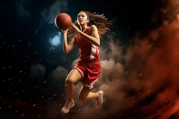Fotobehang A red-uniformed basketball girl soars in the air, playing basketball amidst smoke and colorful spotlights against a dark backdrop. Generative AI. © Surachetsh