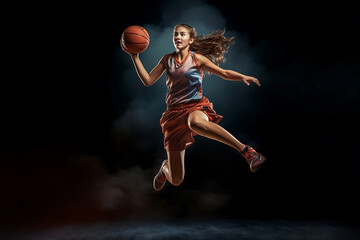 A red-uniformed basketball girl soars in the air, playing basketball amidst smoke and colorful spotlights against a dark backdrop. Generative AI.