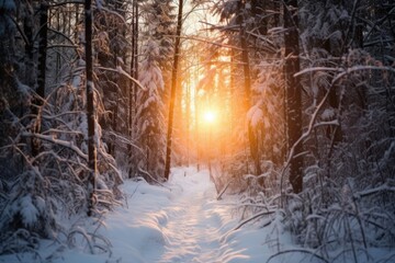 light piercing through dense winter forest at sunrise