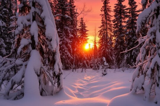 solstice sunrise breaking over a snow-covered forest