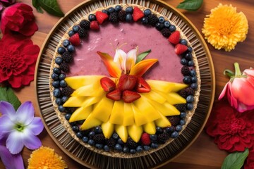 Obraz na płótnie Canvas birds eye view of a raw vegan tropical fruit tart