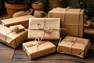 opened parcels in brown paper and twine