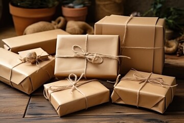 Fototapeta premium opened parcels in brown paper and twine