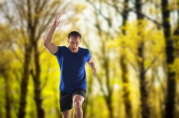 Happy young man running in city park, AI generated image