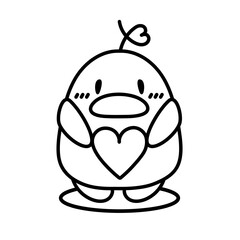 Cute duck hold heart on white background. Animal character outline design. Isolated. Image for card, poster, sticker. Kawaii. Vector Illustration in doodle style. Valentine card