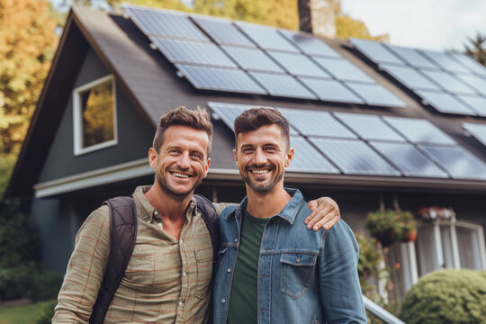 Smiling Same-Sex Couple With Solar Panels On House Roof. Generative Ai.