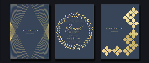 Luxury invitation card background vector. Golden elegant geometric shape, gold lines gradient, leaf on dark blue background. Premium design illustration for gala card, grand opening, party invitation.