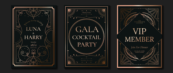 Luxury invitation card background vector. Elegant classic antique design, rose gold lines gradient, sparkle on dark background. Premium design illustration for gala card, grand opening, art deco.