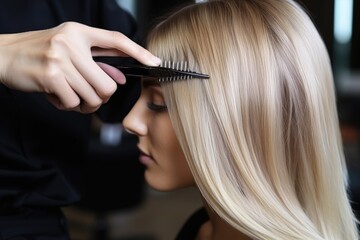 Female hairdresser stylish doing hair dyeing to long hair customer in the hair salon.