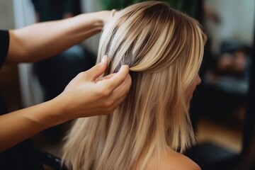 Female hairdresser stylish doing hair dyeing to long hair customer in the hair salon.
